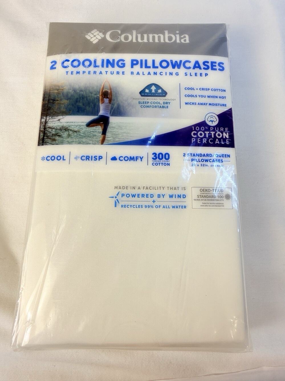Columbia Standard/ Queen Cooling 2 PC 300 TC Cotton Percale White NIP